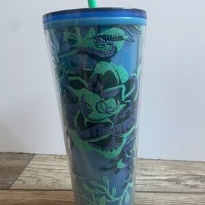 Starbucks 24oz Tumbler Blue Floral & Bird Design with Green Straw – 2023